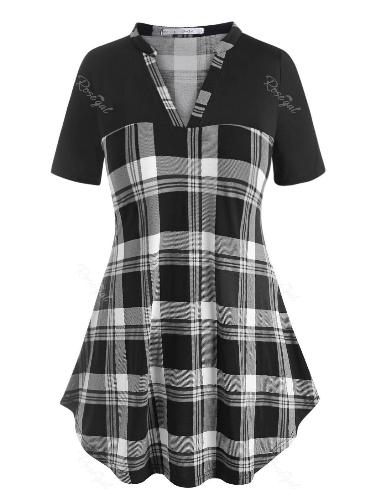 

Plus Size V Neck Plaid Tunic Tee, Gray
