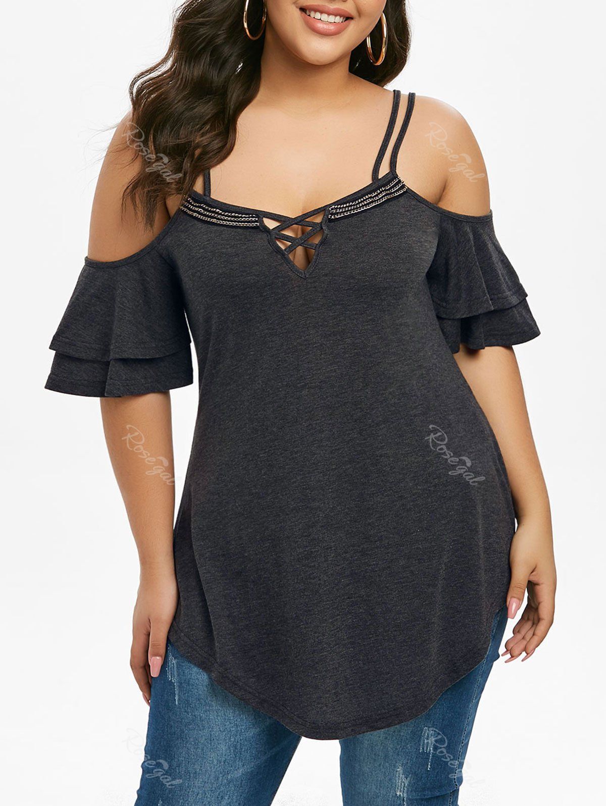 

Plus Size Bell Sleeve Cold Shoulder Curved T Shirt, Carbon gray