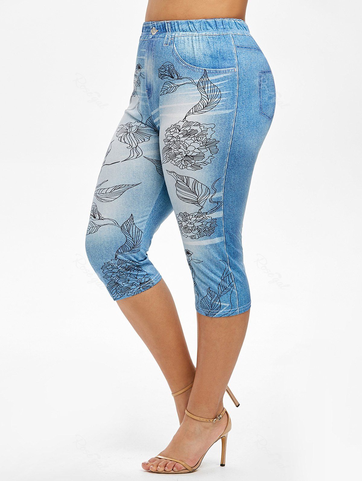 

Plus Size Flower 3D Print Capri High Waisted Jeggings, Blue koi