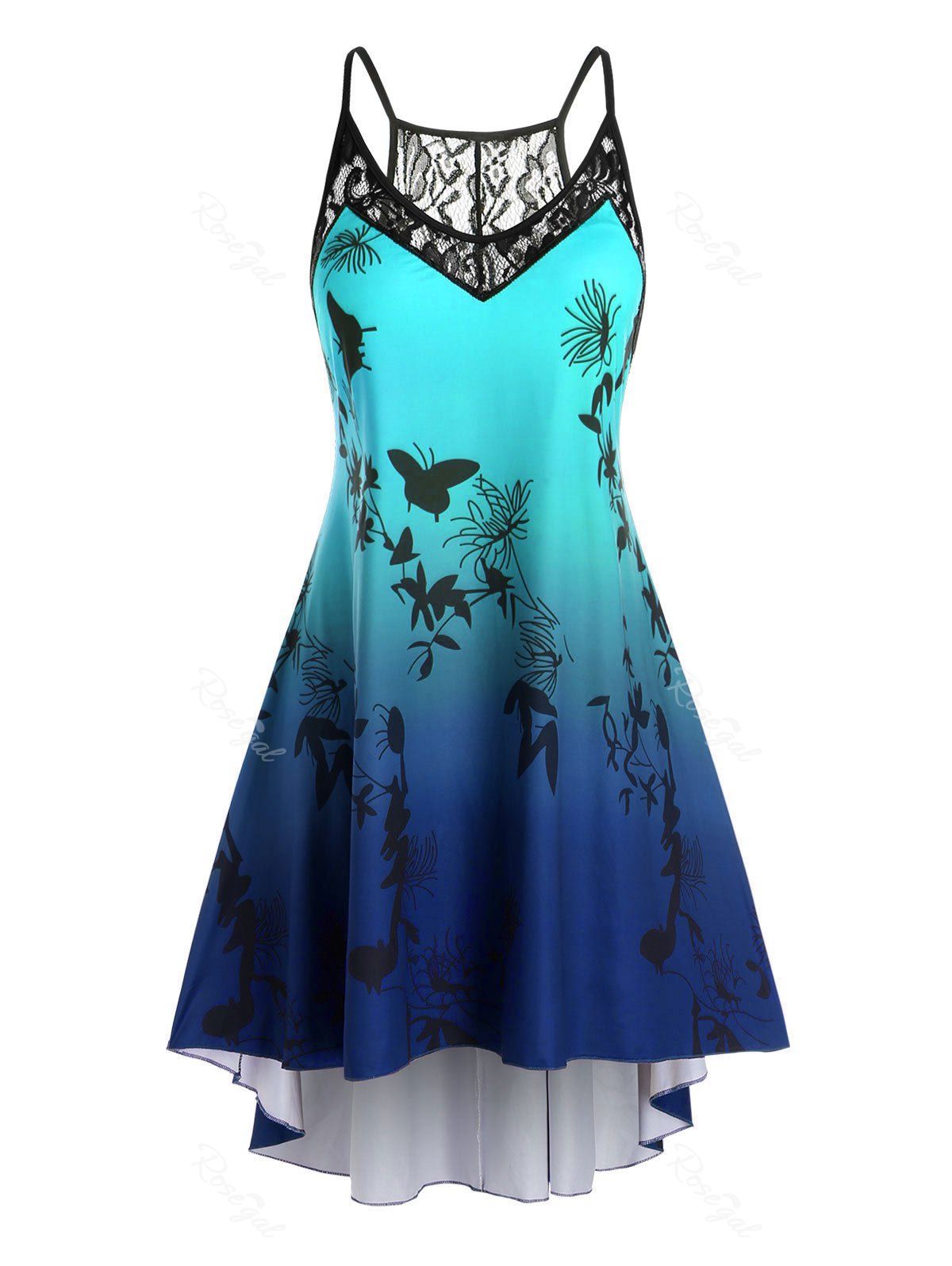 

Plus Size Printed Ombre Color High Low Dress, Blueberry blue