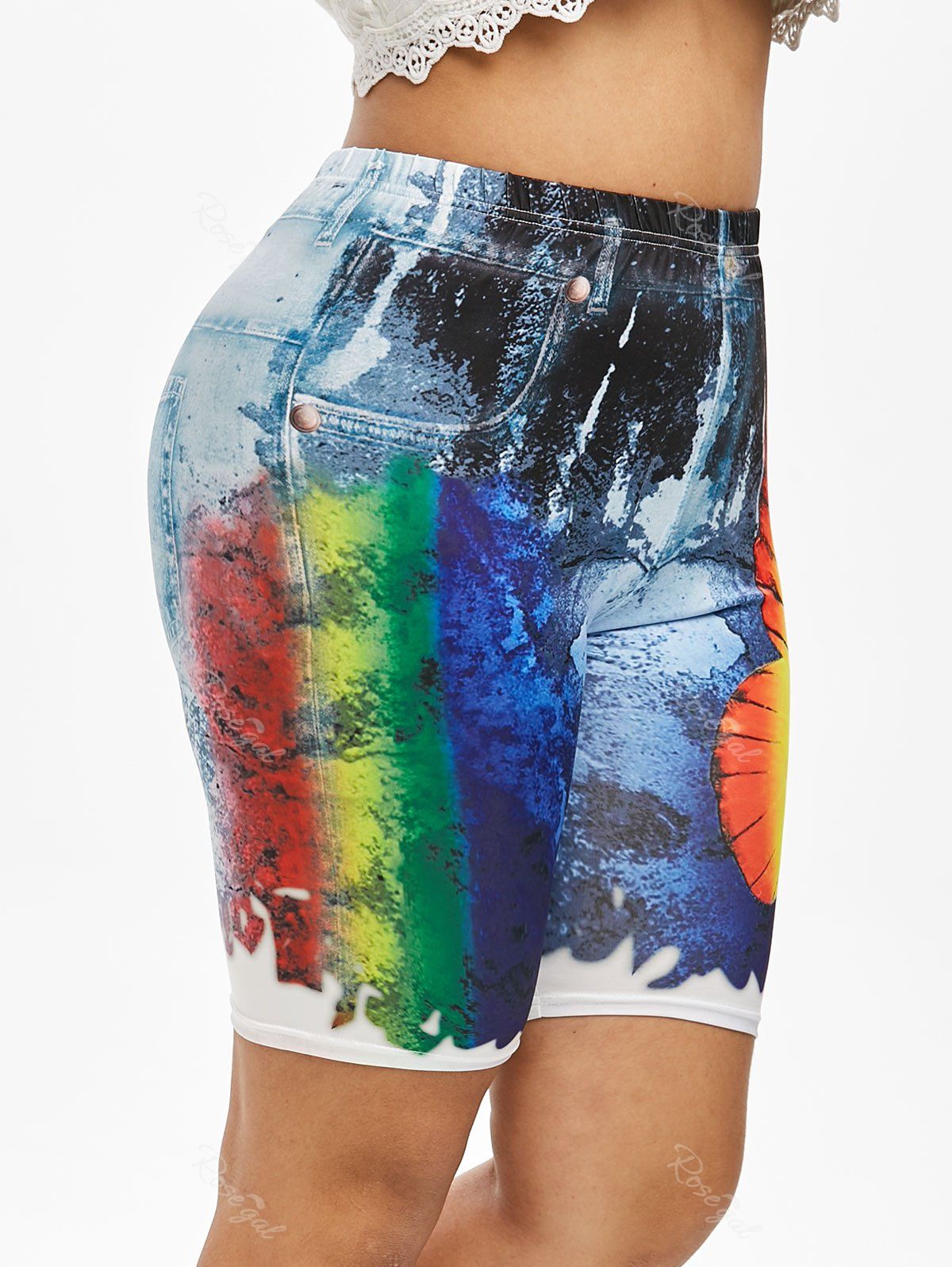 

Plus Size 3D Denim Print Rainbow Butterfly Shorts, Multi