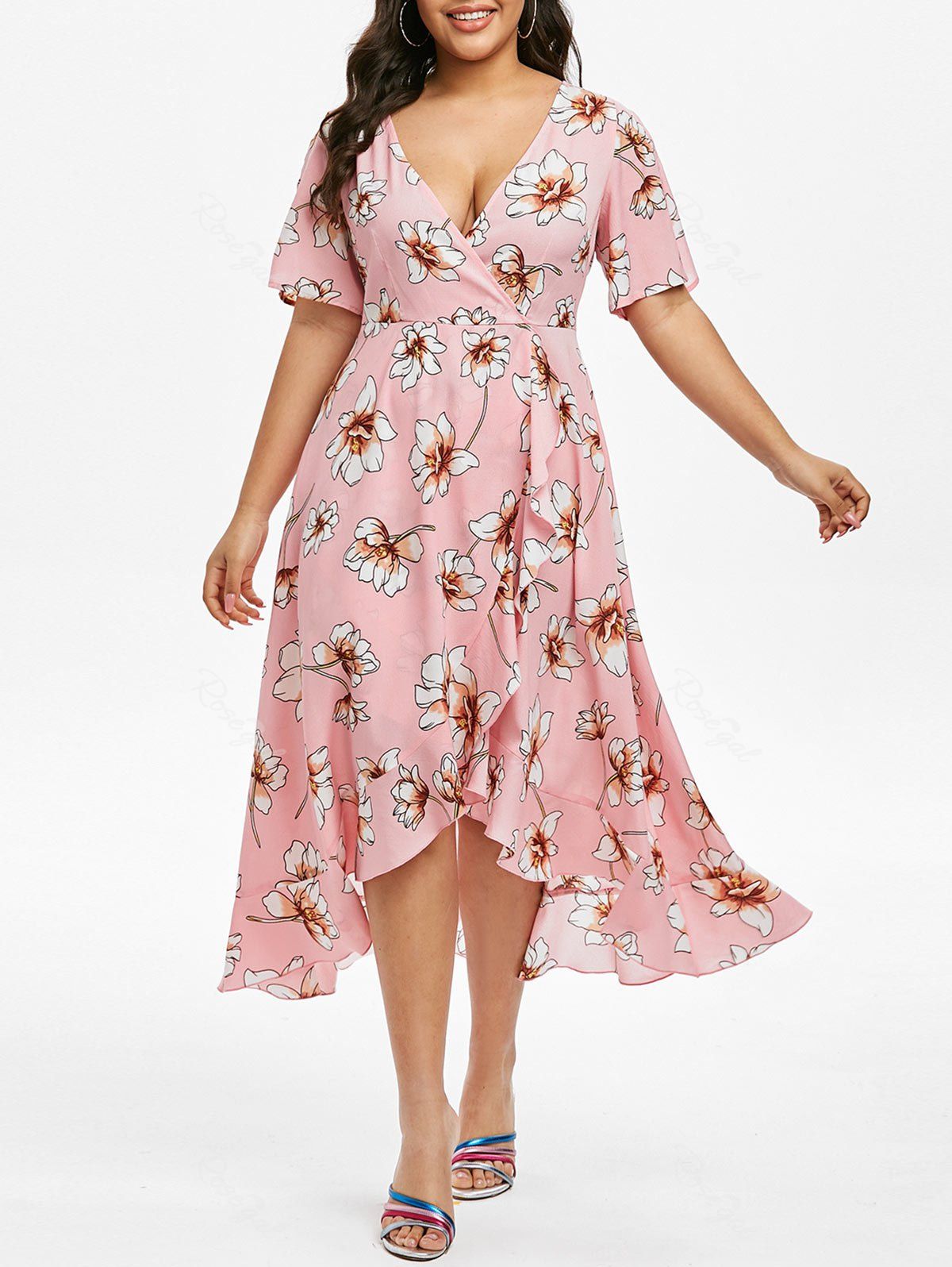 

Plus Size Plunge Split Sleeve Ruffled Floral Dress, Pink