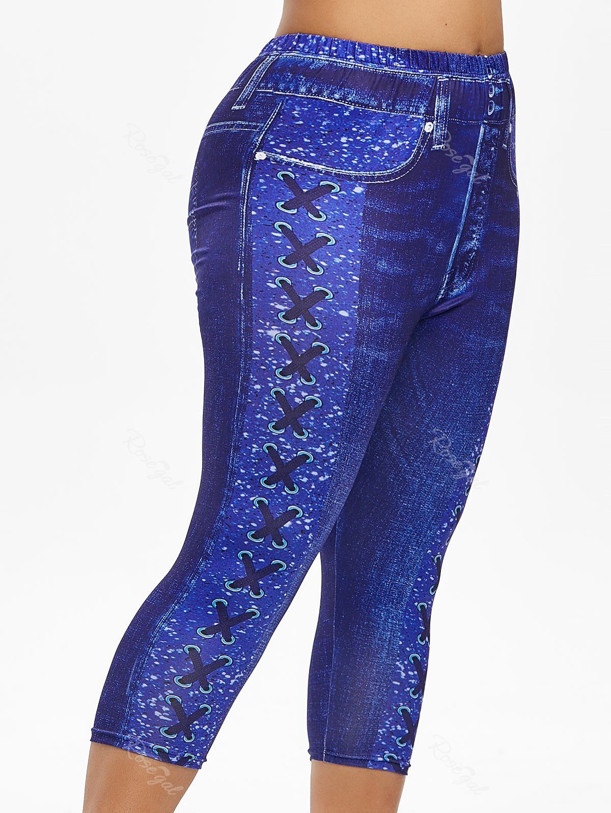 Legging Capri 3D Jean Imprimé de Grande Taille à Lacets Bleu Myrtille 5X