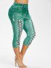 Plus Size Faux Denim 3D Lace Up Print Capri Leggings -  