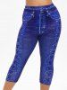 Legging Capri 3D Jean Imprimé de Grande Taille à Lacets - Bleu Myrtille 5X