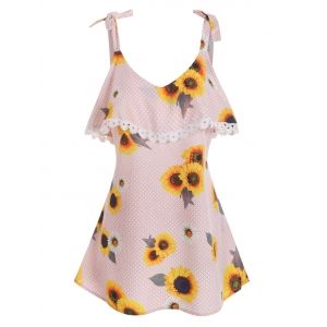 

Plus Size Sunflower Print Ruffle Tie Shoulder Tank Top, Orange pink
