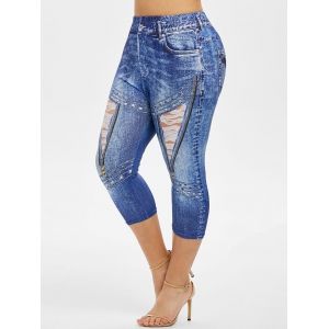 

Plus Size 3D Zip Print High Waisted Capri Jeggings, Ocean blue