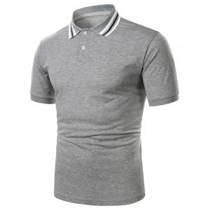 

Striped Turndown Collar Short Sleeve Casual T Shirt, Gray