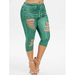 

Plus Size 3D Ripped Jean Print Capri Jeggings, Sea turtle green