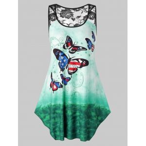 

Plus Size Butterfly Printed Tie Dye Lace Insert Tank Top, Medium turquoise