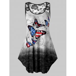 

Plus Size Butterfly Printed Tie Dye Lace Insert Tank Top, Black