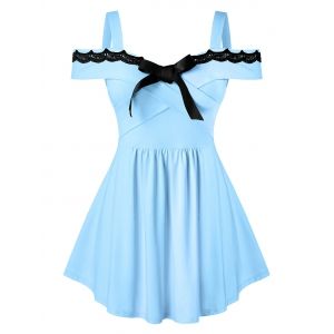 

Plus Size Bowknot A Line Cold Shoulder T Shirt, Sea blue