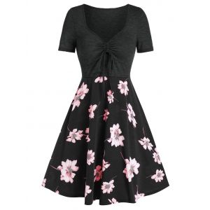 

Flower Print Drawstring Fit And Flare Dress, Black