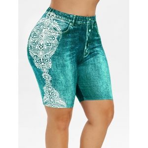 

Plus Size 3D Jean Print Tribal Shorts, Macaw blue green
