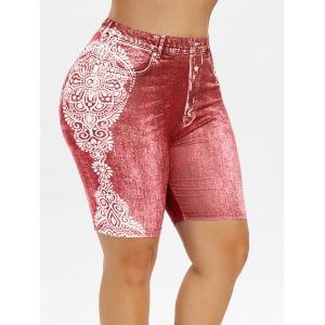 

Plus Size 3D Jean Print Tribal Shorts, Bean red