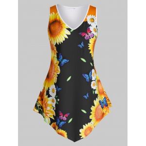 

Plus Size Asymmetric Sunflower Butterfly Print Tank Top, Black