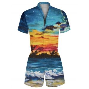 

Landscape Graphic Print Casual Romper, Blue koi