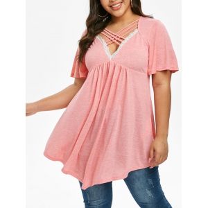 

Plus Size Ruched Lace Insert Crisscross T Shirt, Pink