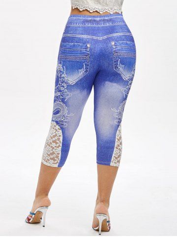 

Plus Size Dragon 3D Print Lace Panel Capri Jeggings, Denim dark blue