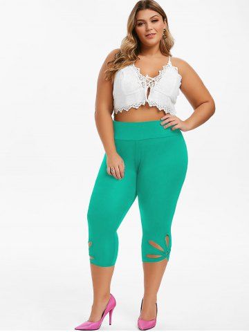 

Capri Metal Ring Cut Out Plus Size Leggings, Green