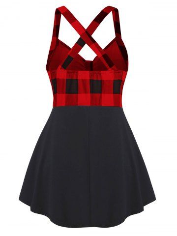 

Two Buttoned Criss Cross Back Plaid Panel Plus Size Tank Top, Red