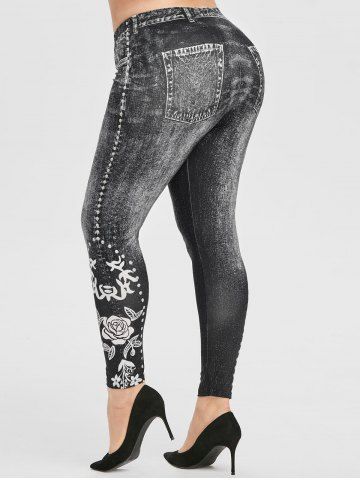 

Plus Size Flower Print High Waisted Skinny Jeggings, Black