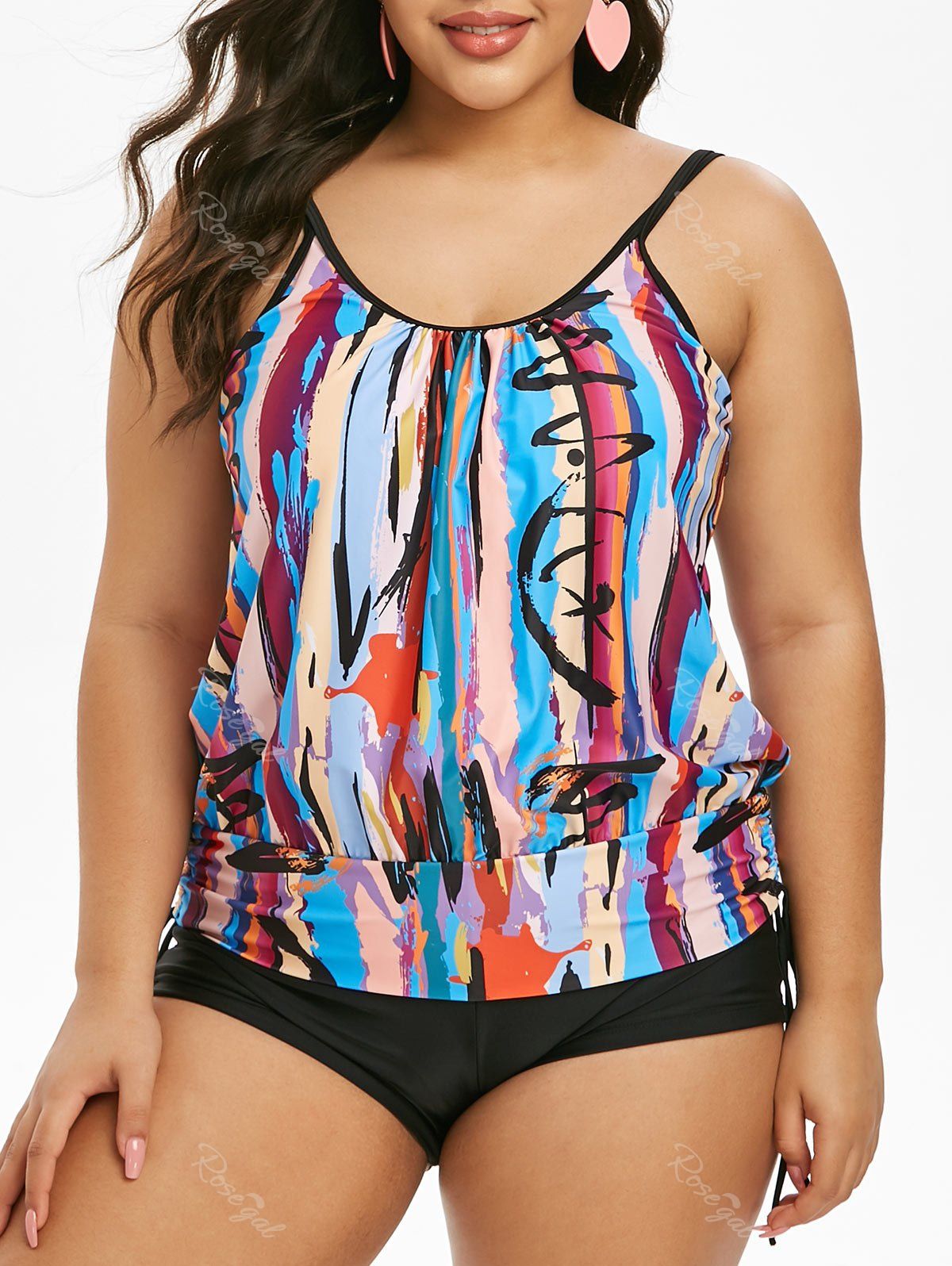

Plus Size Cinched Tie Dye Tankini Swimwear, Multi