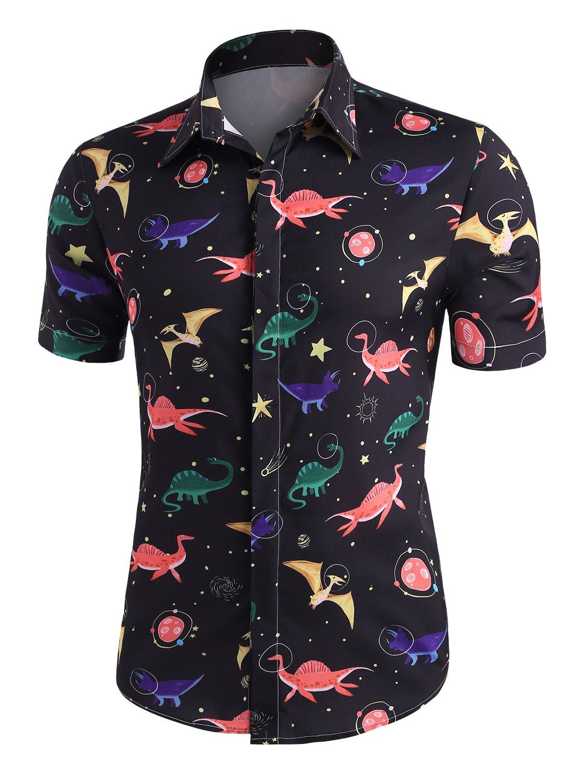 

Cartoon Dinosaur Print Short Sleeve Casual Shirt, Multi