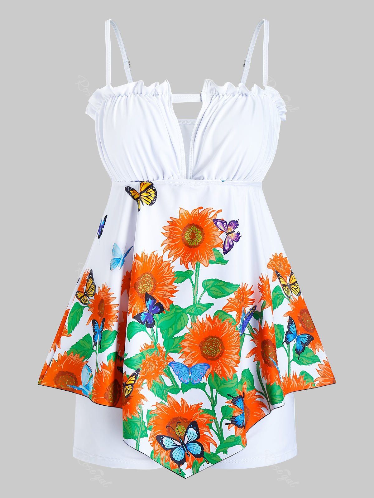 

Plus Size Sunflower Butterfly Asymmetric Boxer Frilled Tankini Swimwear, White