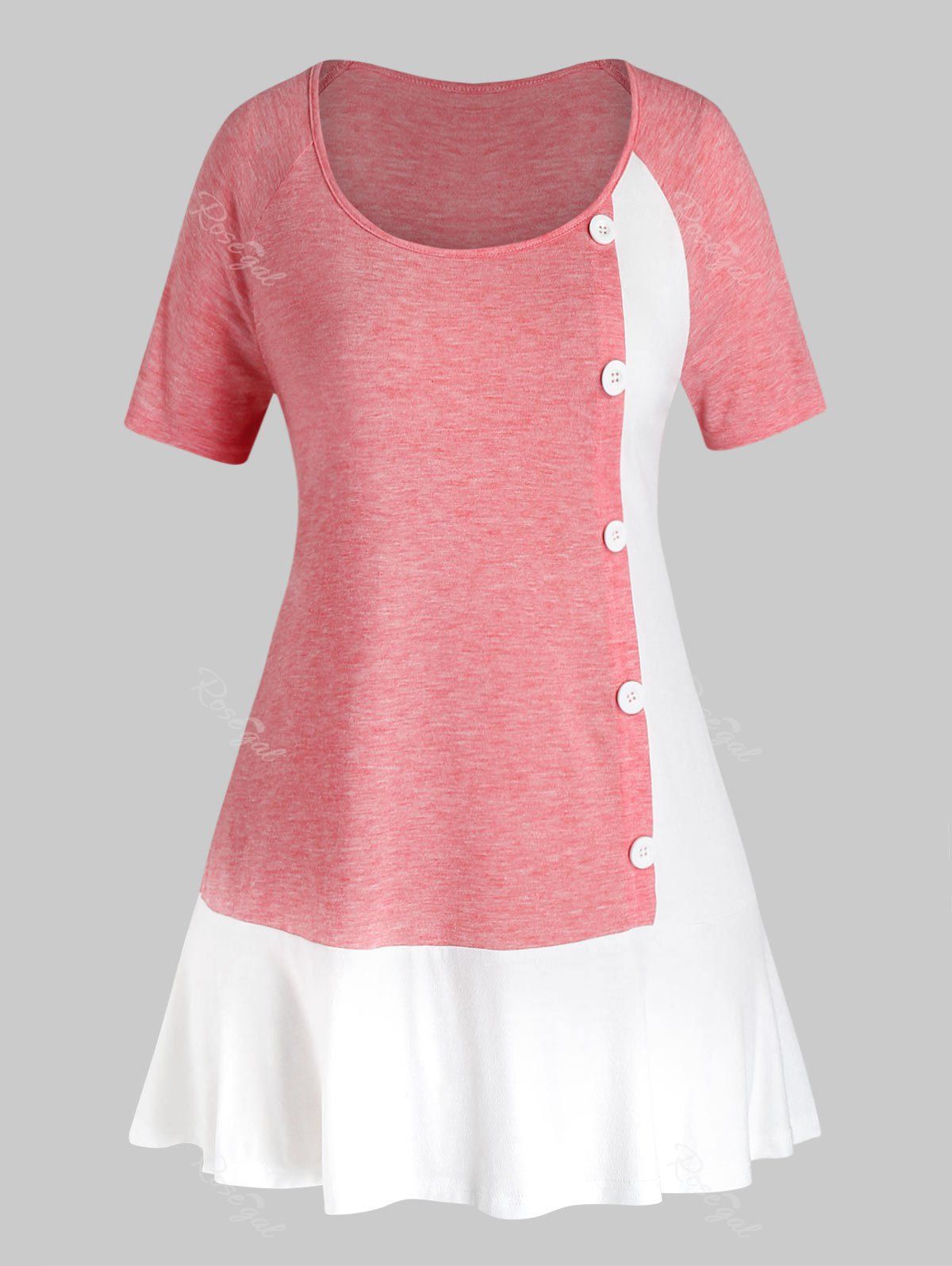 

Plus Size Mock Button Colorblock T Shirt, Watermelon pink