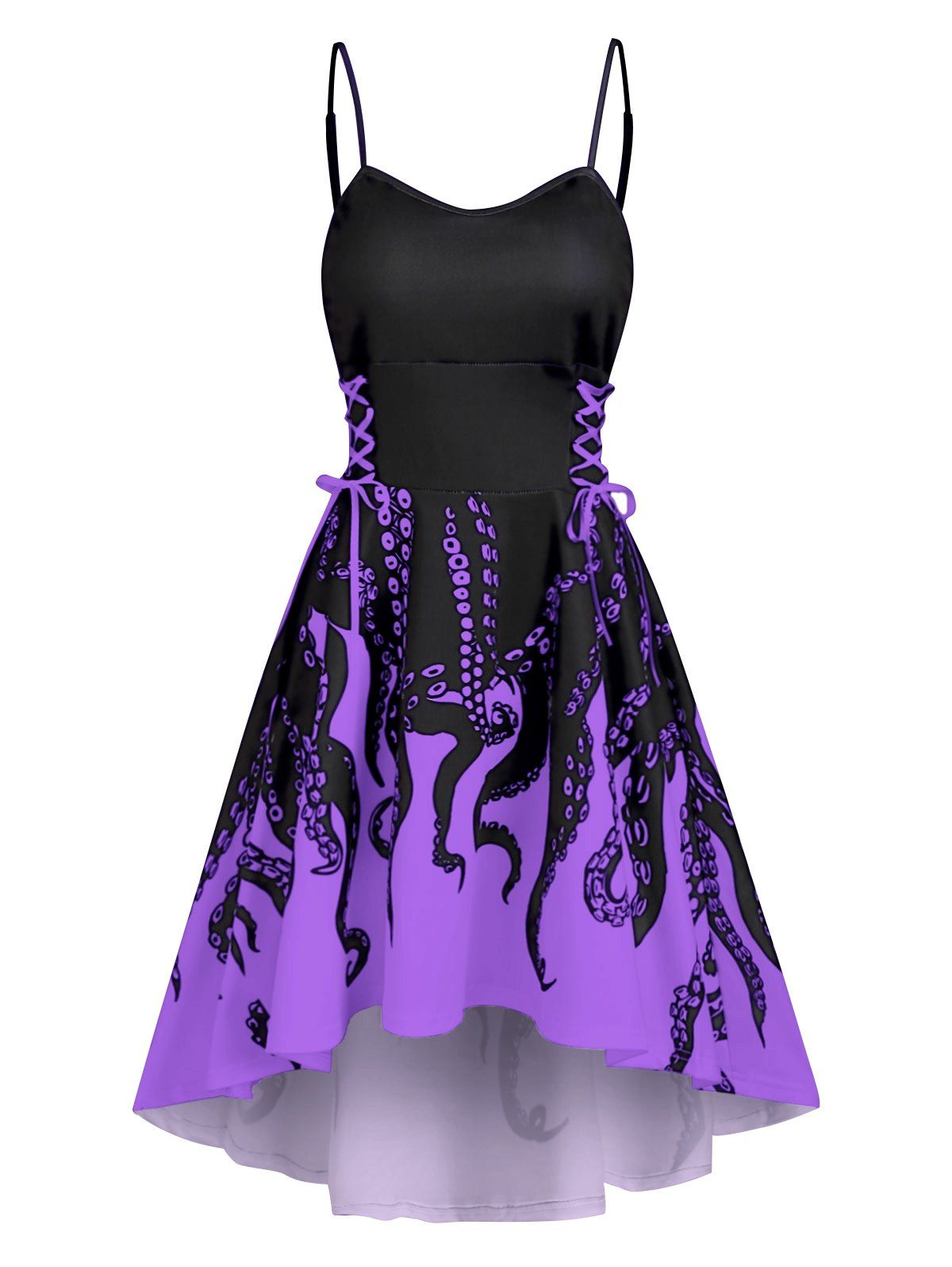 

Dip Hem Octopus Print Lace Up Dress, Tyrian purple