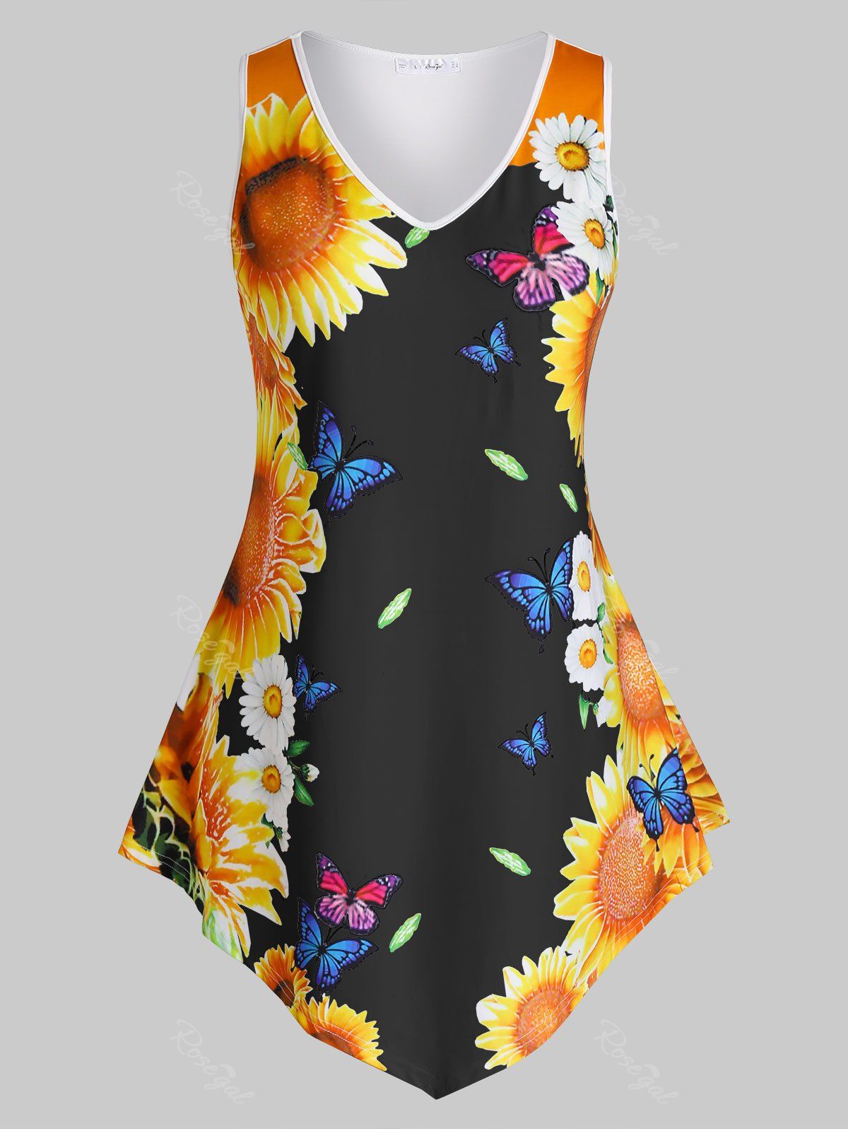 Shop Plus Size Asymmetric Sunflower Butterfly Print Tank Top  