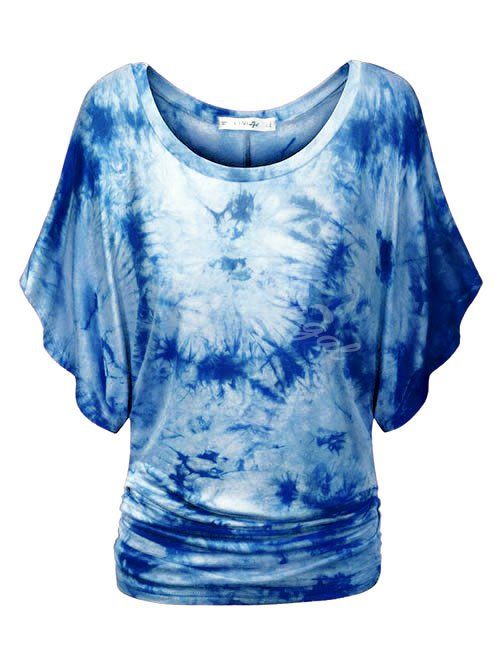 

Plus Size Tie Dye Ruched Batwing Sleeve Top, Blue