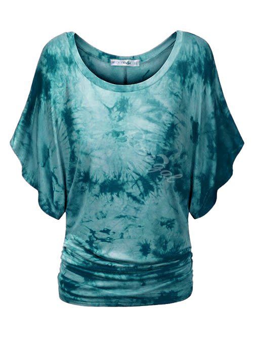 

Plus Size Tie Dye Ruched Batwing Sleeve Top, Greenish blue
