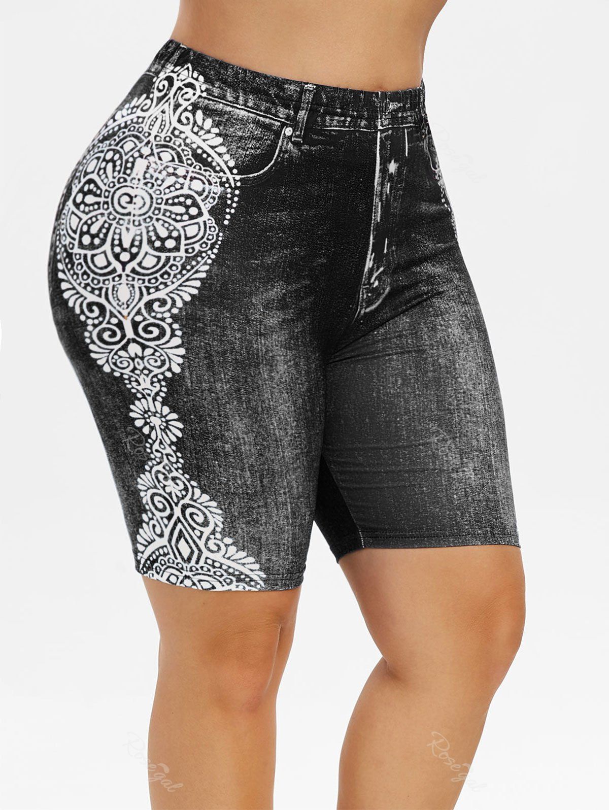 

Plus Size 3D Jean Print Tribal Shorts, Black