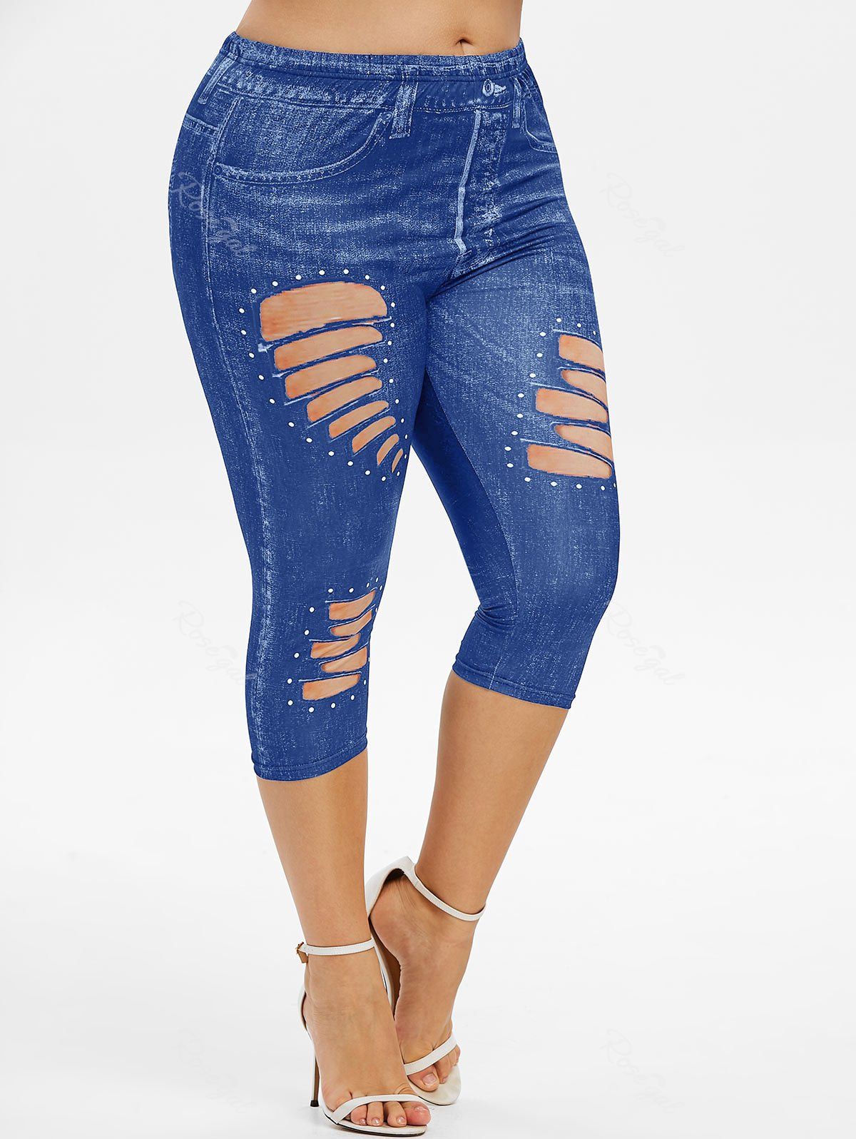 

Plus Size 3D Ripped Jean Print Capri Jeggings, Denim dark blue