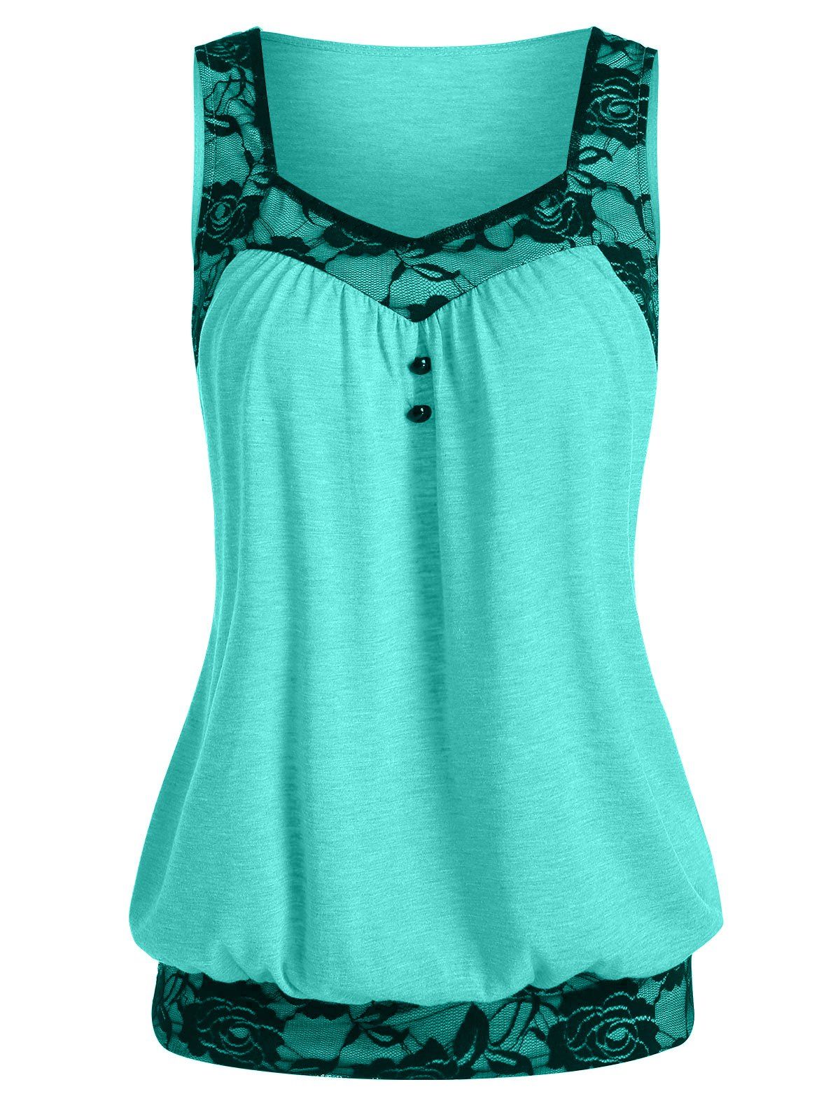 

Lace Panel Button Embellished Blouson Tank Top, Aquamarine
