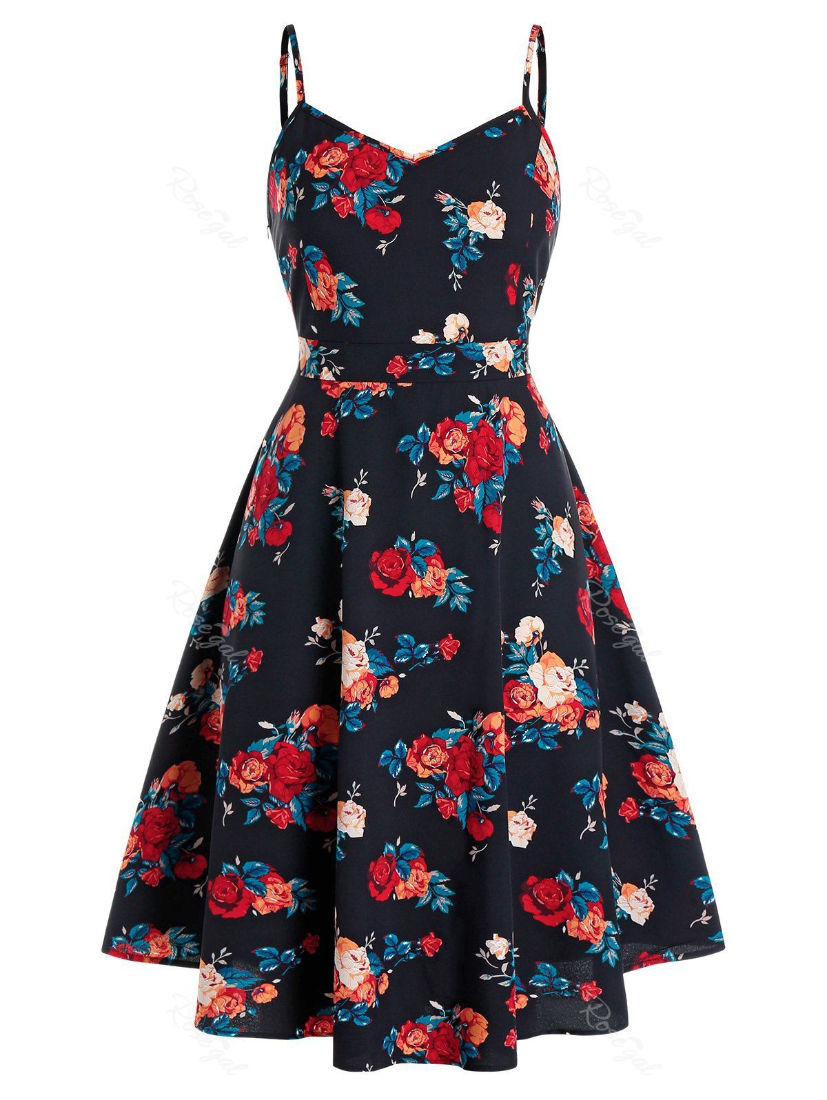 

Plus Size Flower Spaghetti Strap High Waist Dress, Black