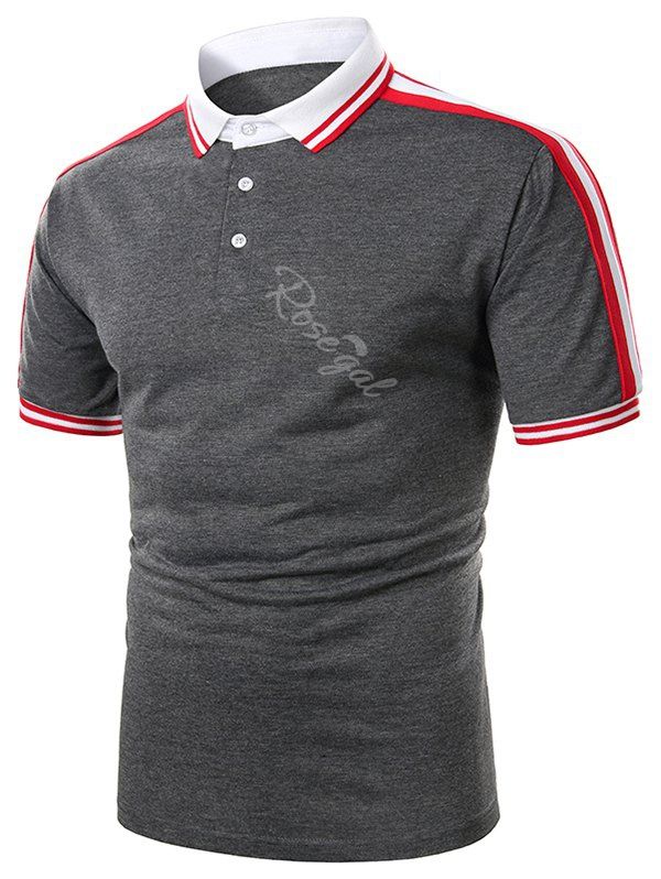 

Striped Trim Turndown Collar Short Sleeve T Shirt, Gray