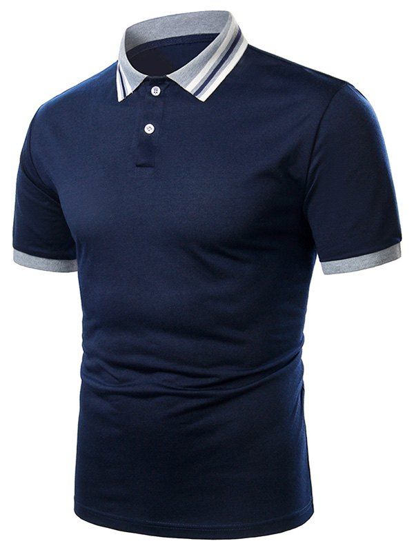 

Striped Turndown Collar Short Sleeve Casual T Shirt, Navy blue