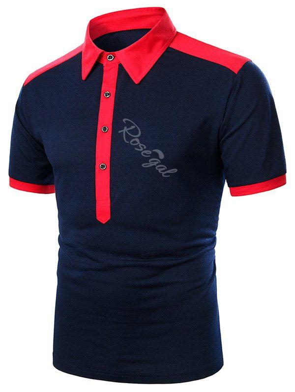 

Two Tone Turndown Collar Button Short Sleeve T Shirt, Red