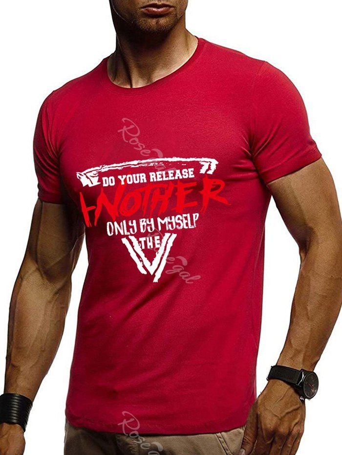 T-shirt de Base à Imprimé Géométrique et Lettre  Rouge Lave M
