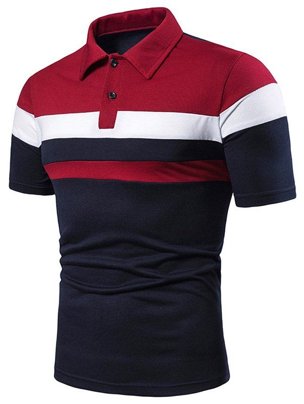 

Colorblock Striped Half Button Short Sleeve T Shirt, Red