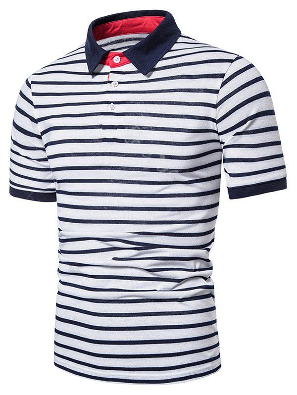 

Turn Down Collar Quarter Button Striped Print T-shirt, White