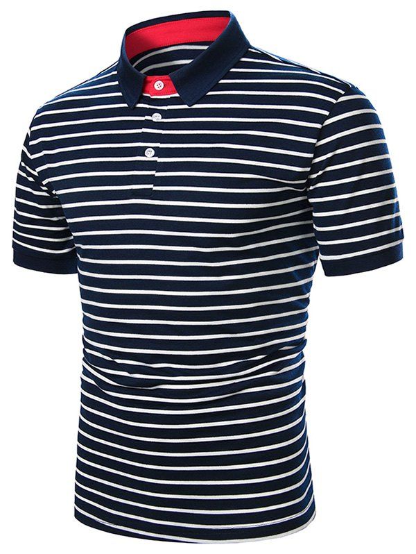 

Turn Down Collar Quarter Button Striped Print T-shirt, Navy blue