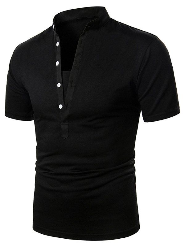 

Plain Stand Collar Half Button Short Sleeve T Shirt, Black