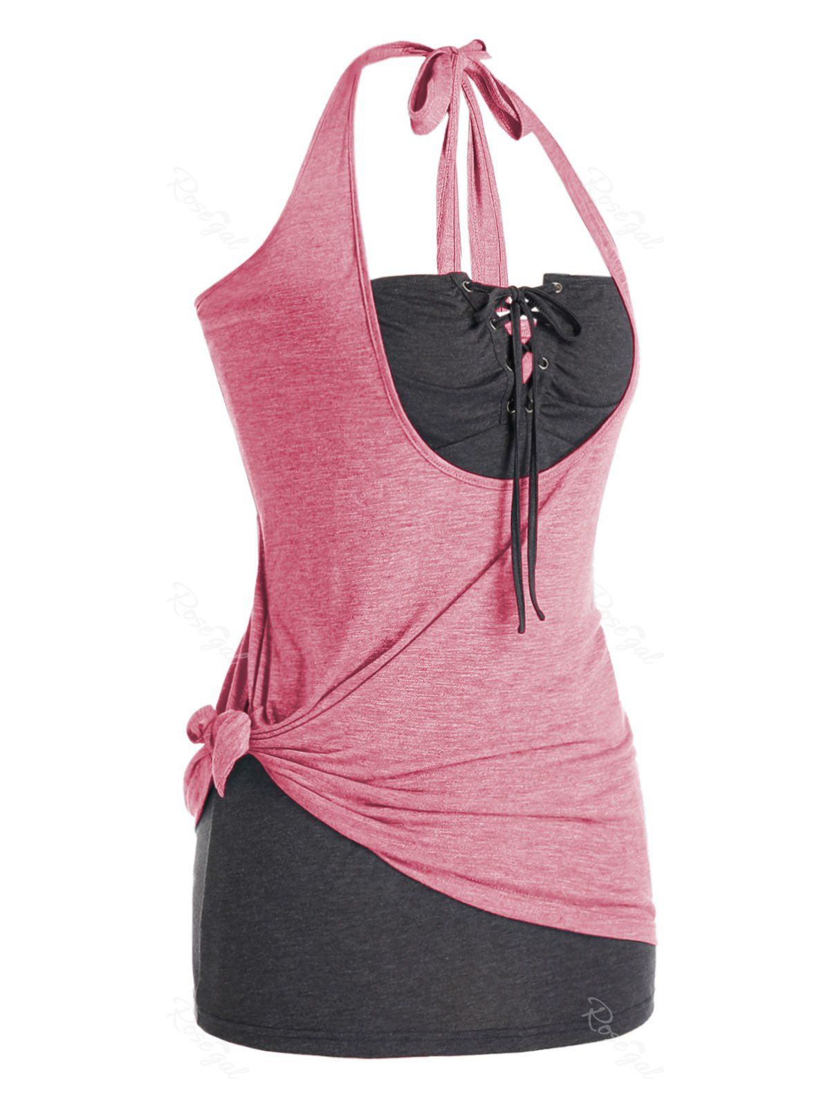 

Plus Size Knotted Halter Top and Lace Up Tube Top Set, Pink
