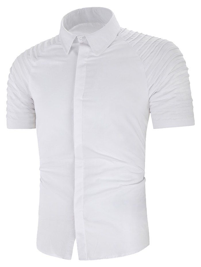 

Pleated Shoulder Raglan Sleeve Button Up Shirt, White