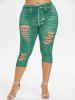 Plus Size 3D Ripped Jean Print Capri Jeggings -  