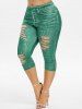 Plus Size 3D Ripped Jean Print Capri Jeggings -  